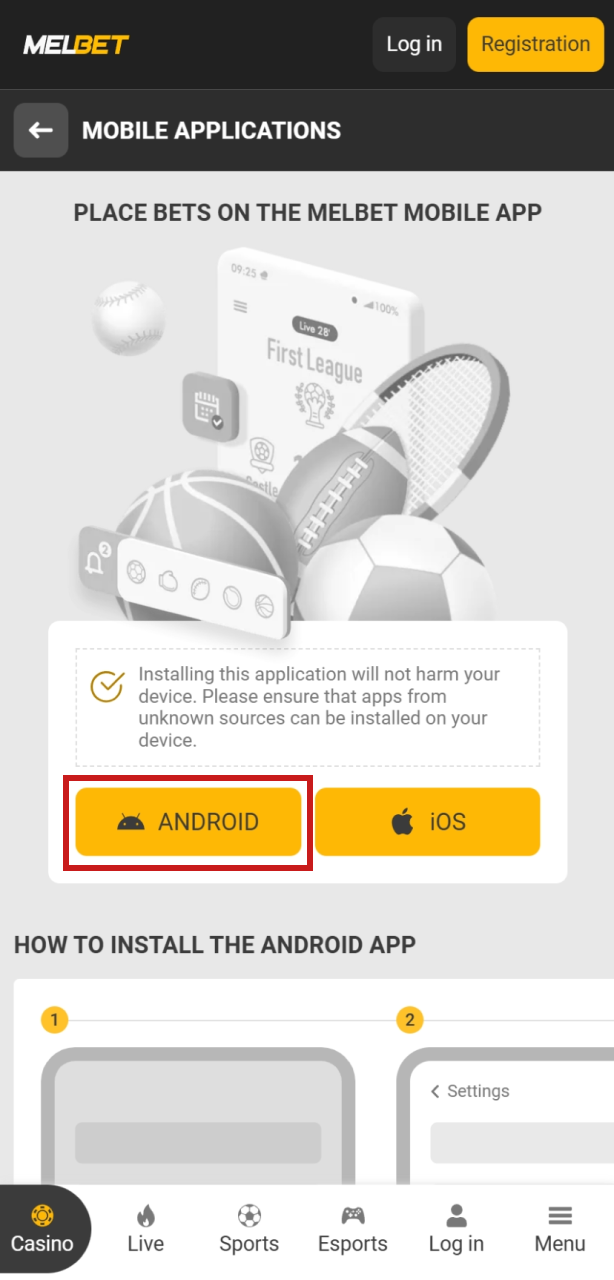 Click the official Melbet Android download button to save the APK file to your device.