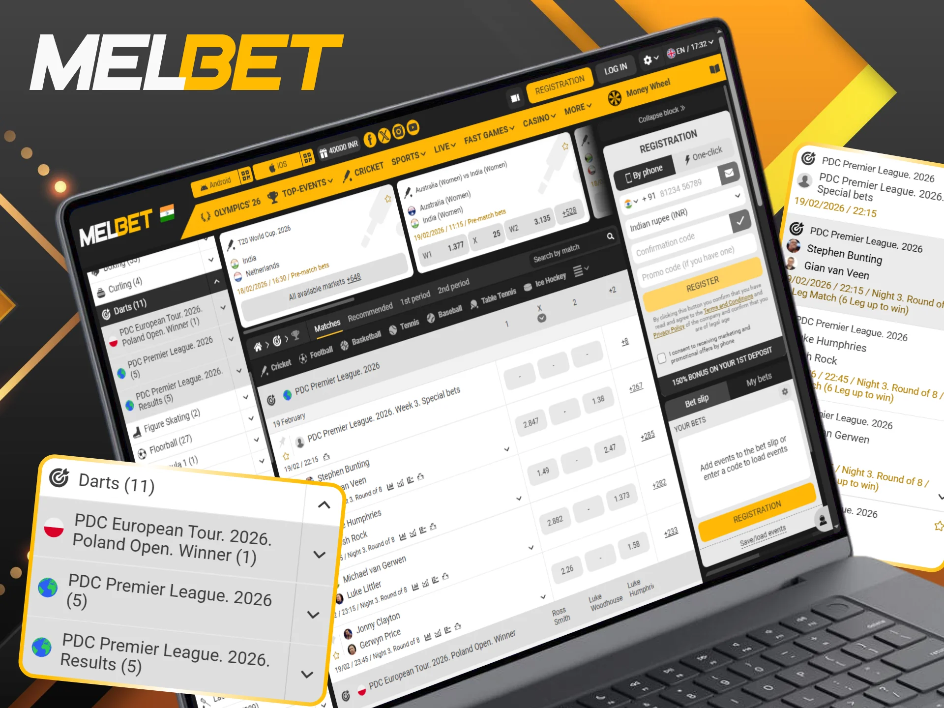 Check Melbet odds for popular darts tournaments and World Matchplay events.