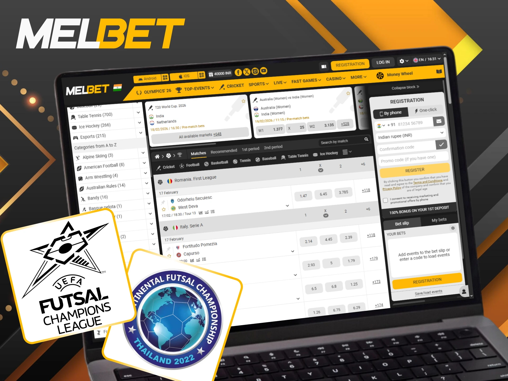 Follow the most exciting and popular futsal tournaments at Melbet.