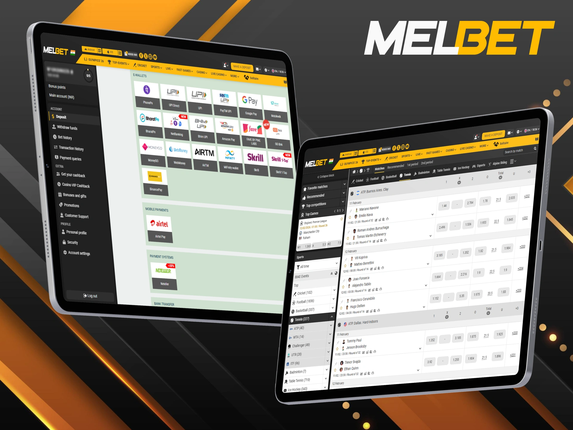 Choose secure payment methods for the Melbet tennis betting.