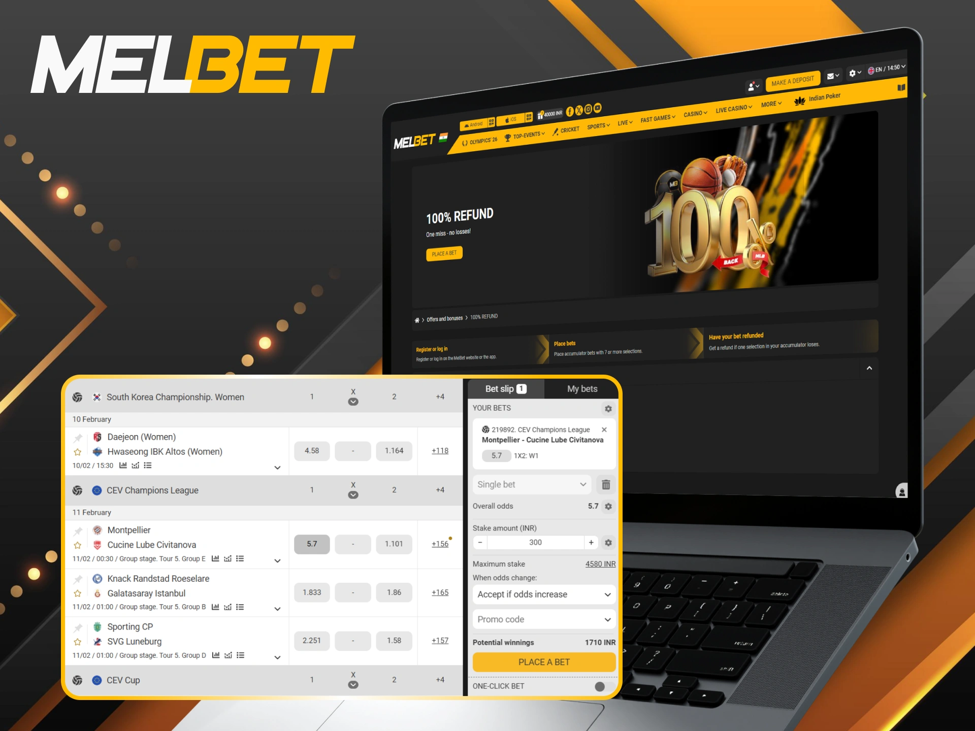Protect your stakes at Melbet with a 100% refund on volleyball accumulator bets.