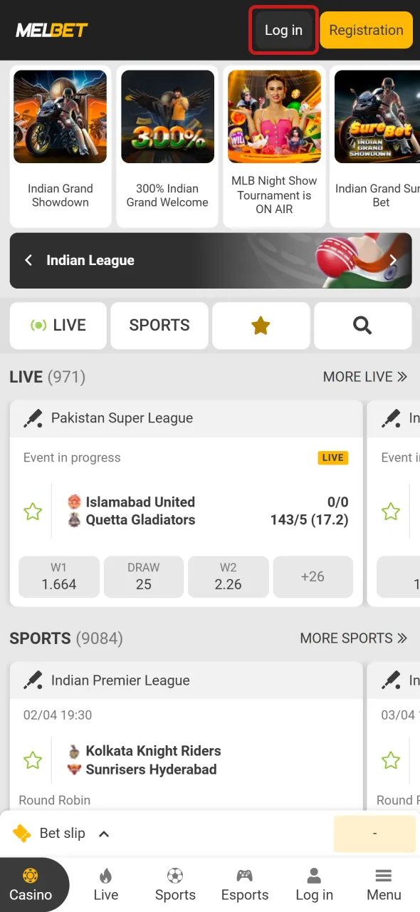 Tap log in on Melbet app and continue to access your profile.