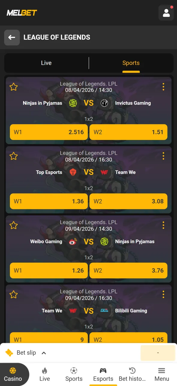 Place your League of Legends bet on Melbet and test your predictions.