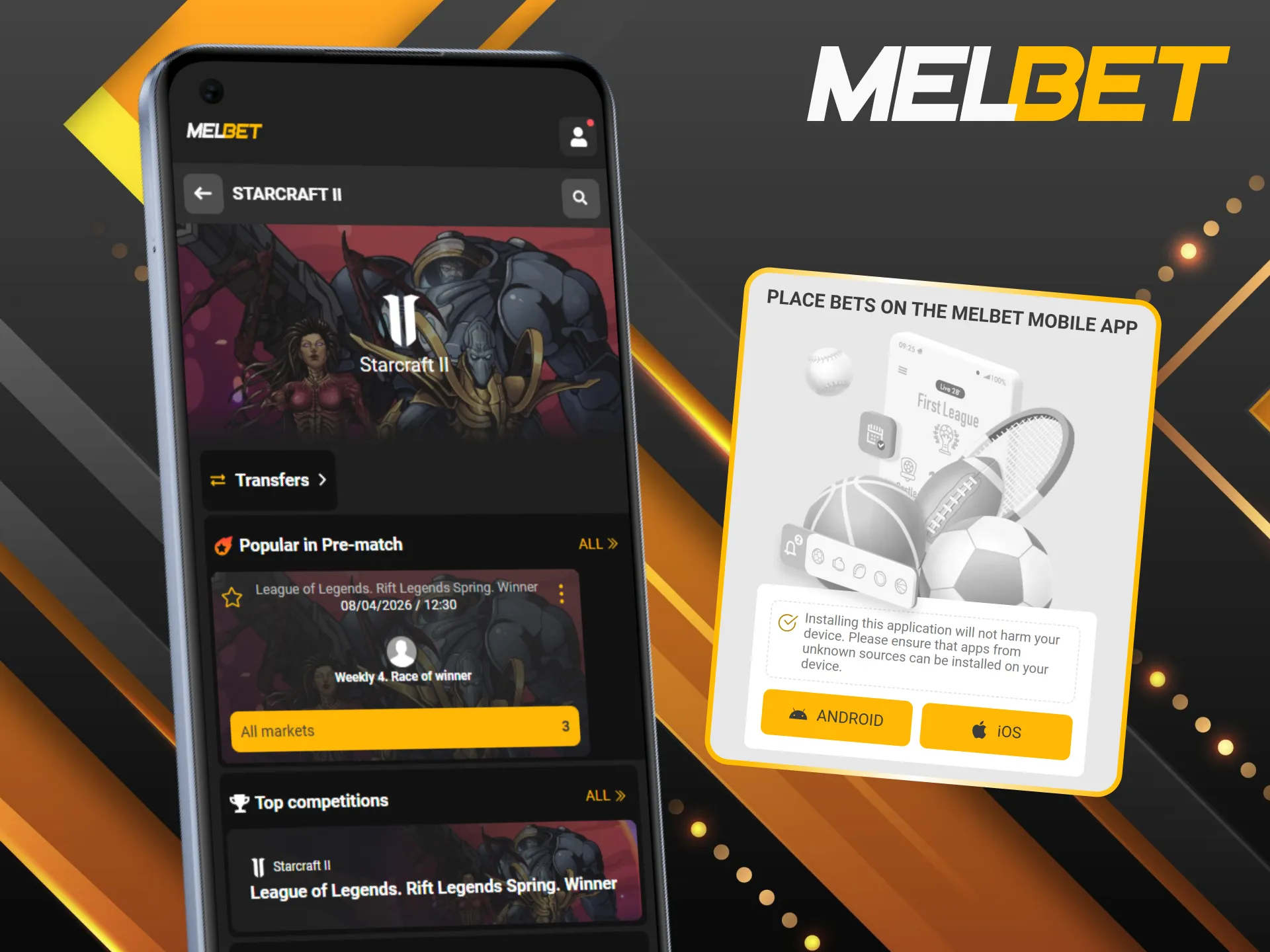 Bet on StarCraft II using Melbet mobile app and stay active anywhere.