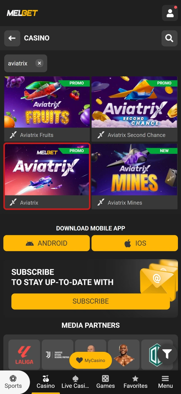 Find the popular Aviatrix crash game inside the official Melbet casino catalog.