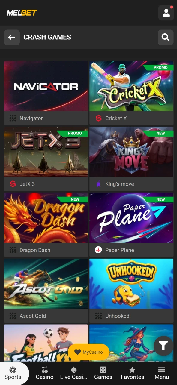 Select a crash game on Melbet and begin your gaming session.