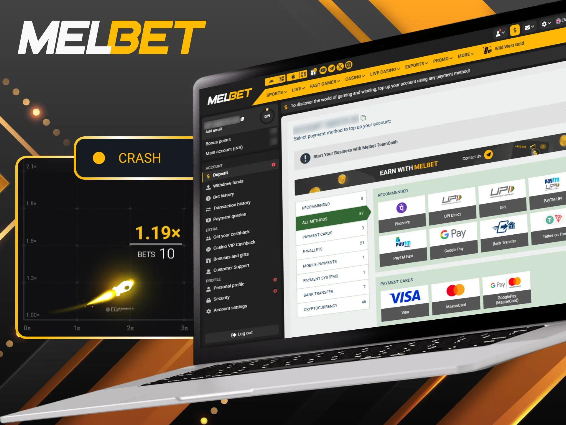 Fund your Melbet balance using secure payment options for crash games.