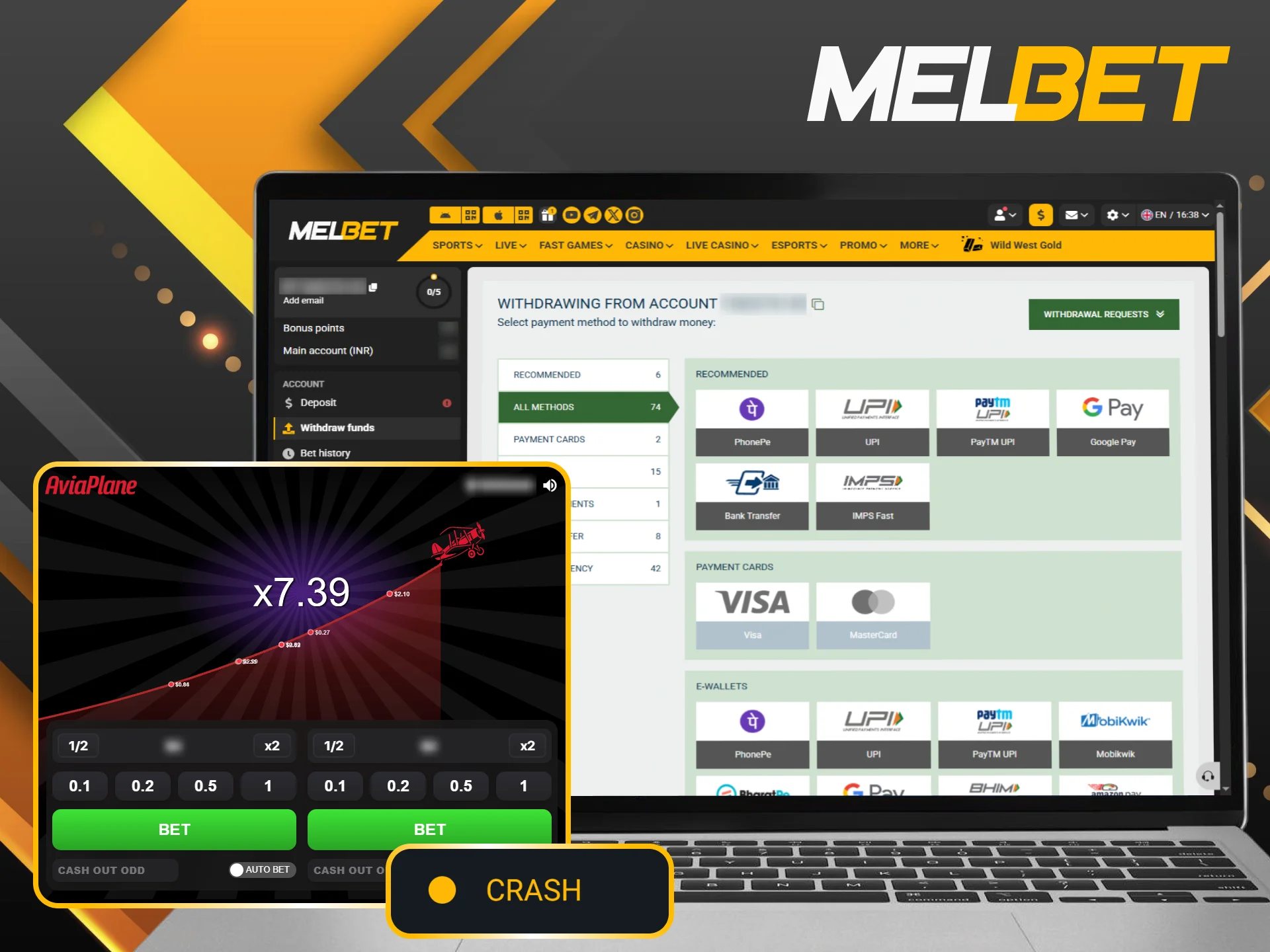 Cash out your Melbet crash games winnings with convenient methods.