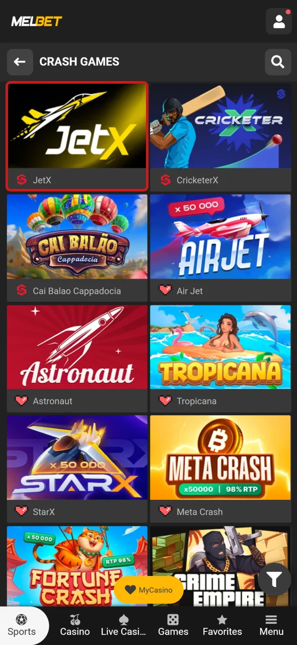 Locate JetX in the Melbet casino and open the game.