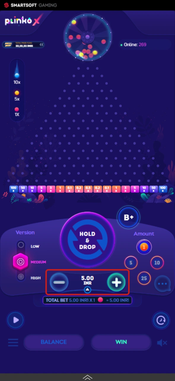 Set your preferred stake before playing Plinko X through Melbet.