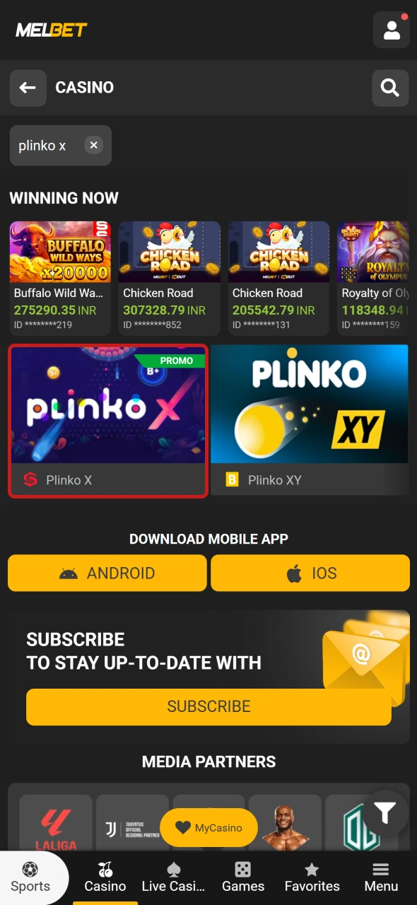 Find Plinko X in the Melbet casino and open the game.