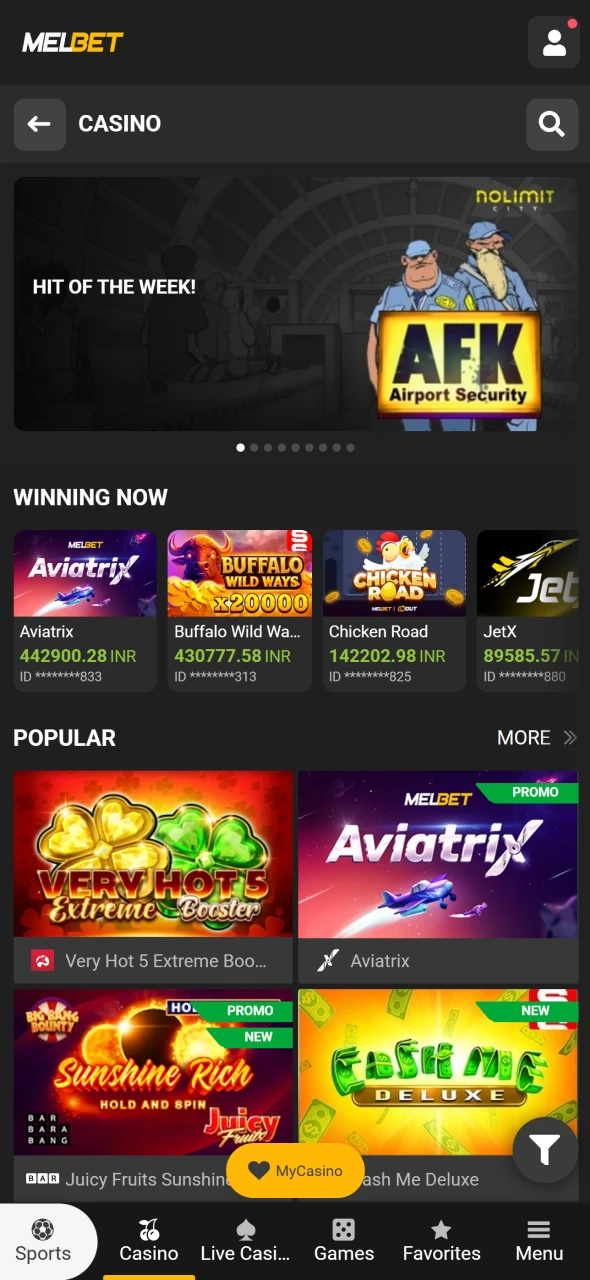 Open the casino lobby in the Melbet mobile interface.