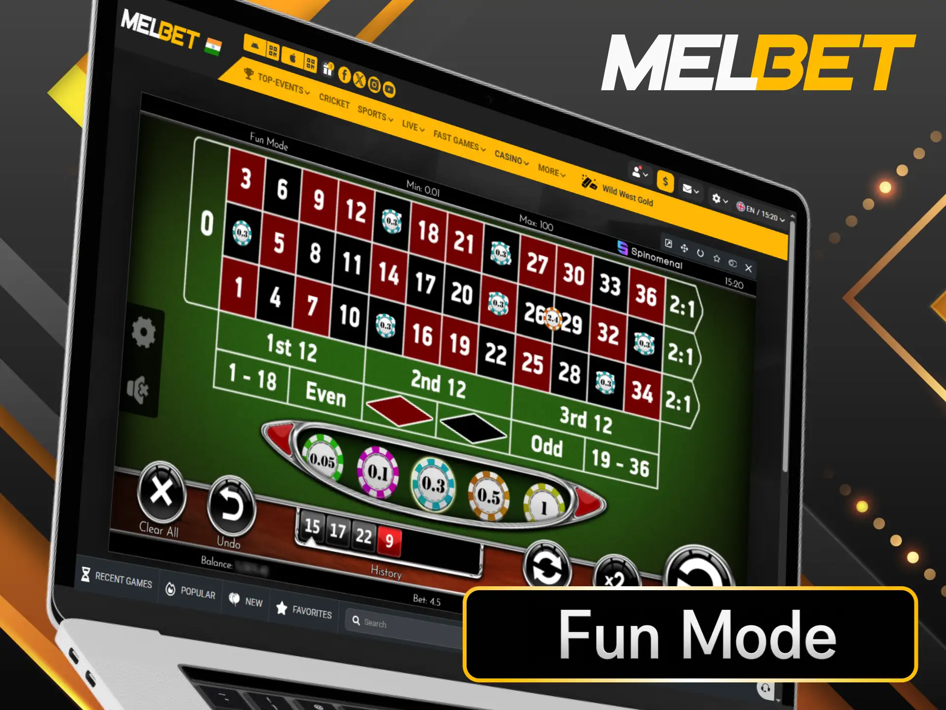 Test various Roulette betting options for free using Melbet demo mode.