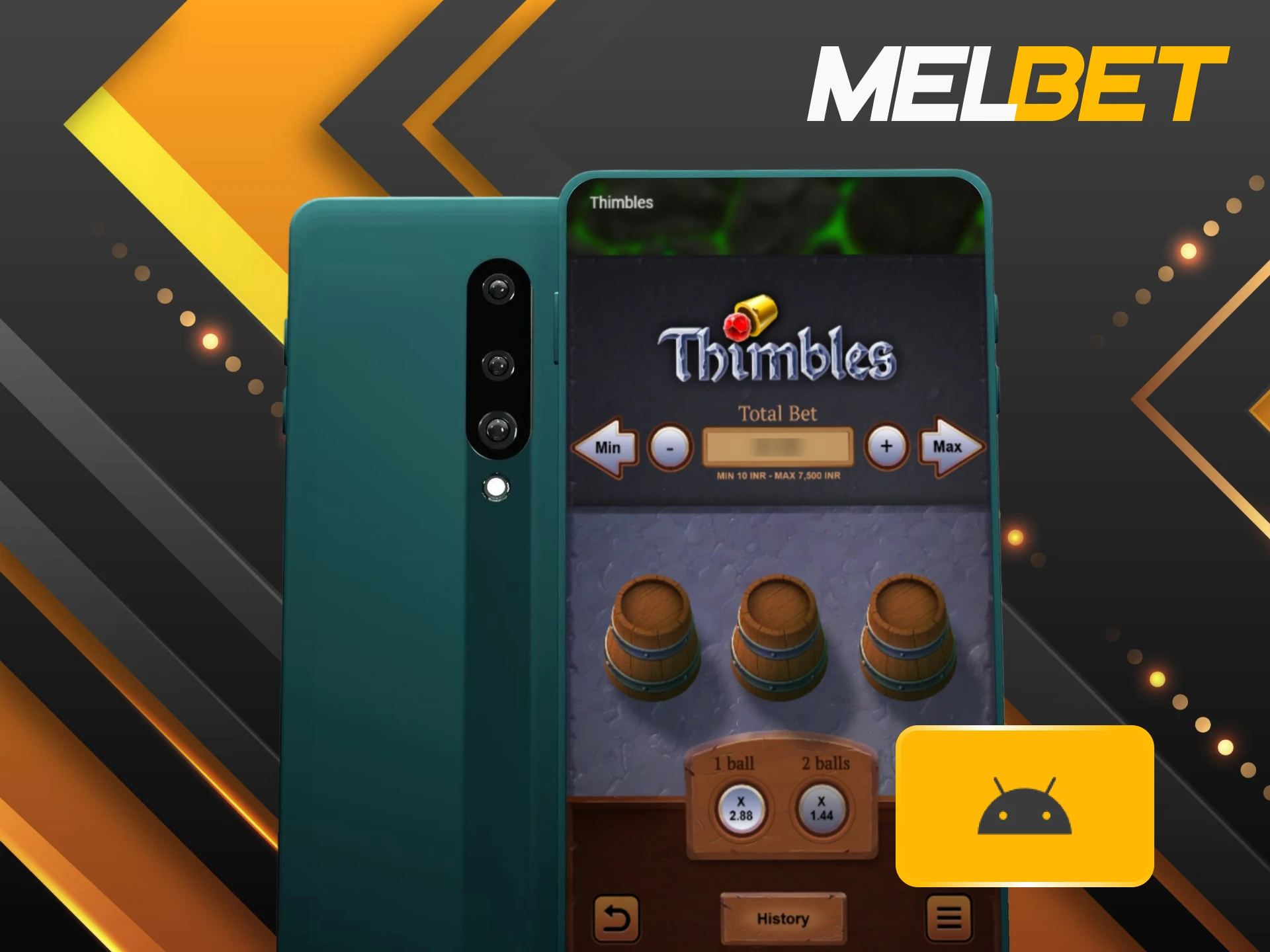 Install the Melbet mobile client on Android and open Thimbles.