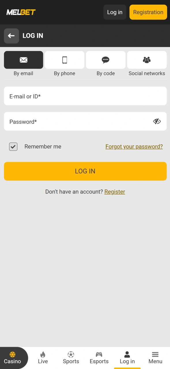 Log in from a mobile device to reach your personal profile on Melbet.