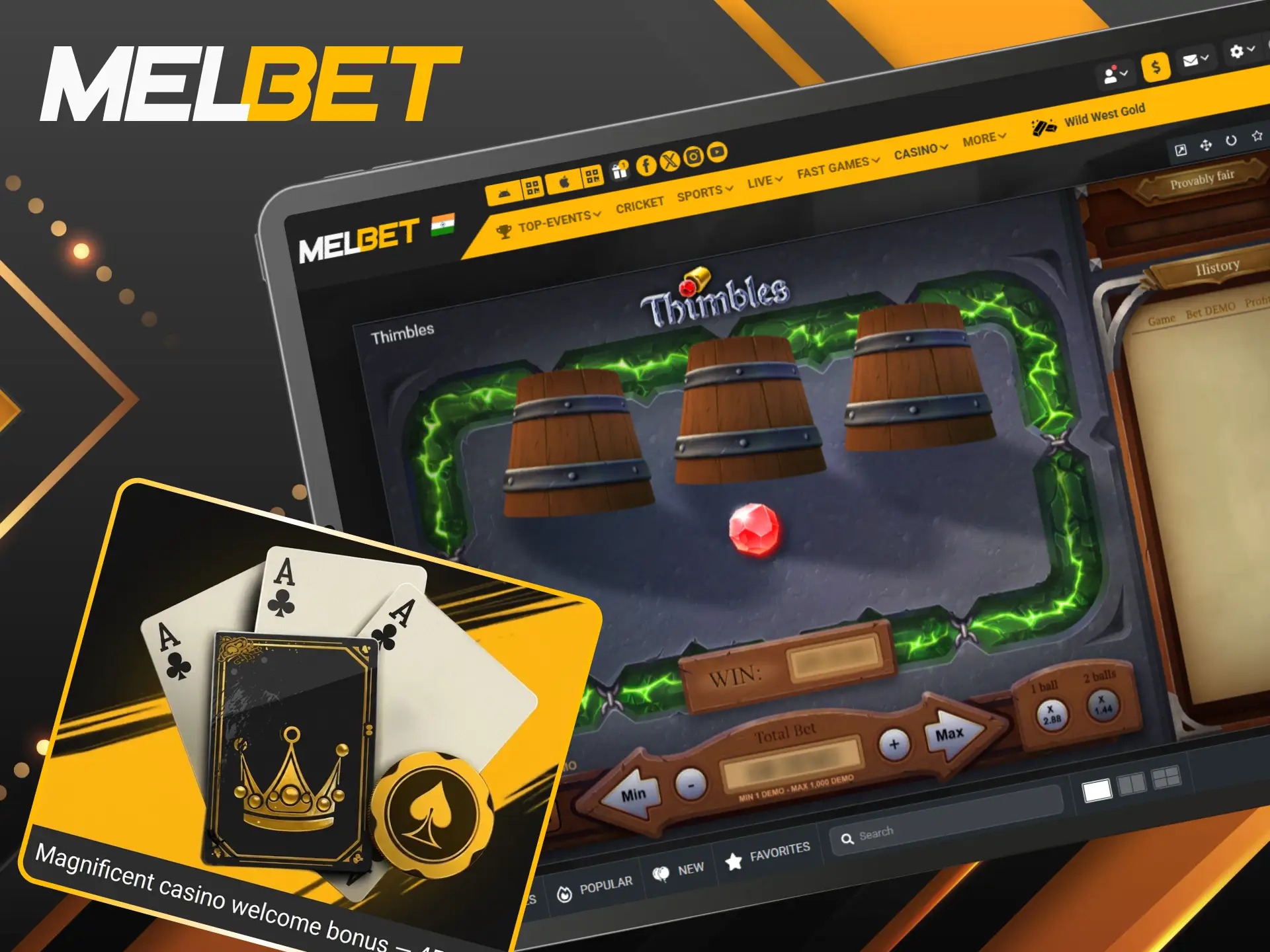 Boost your initial deposit with the Melbet bonus to play Thimbles online.