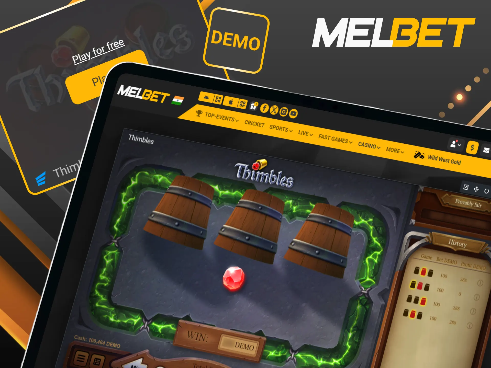 Guess the ball location in free Melbet Thimbles demo mode.