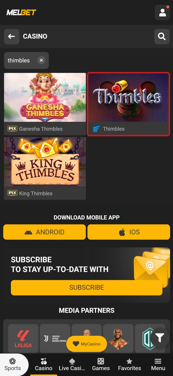 Open the Thimbles casino game inside the official Melbet platform library.